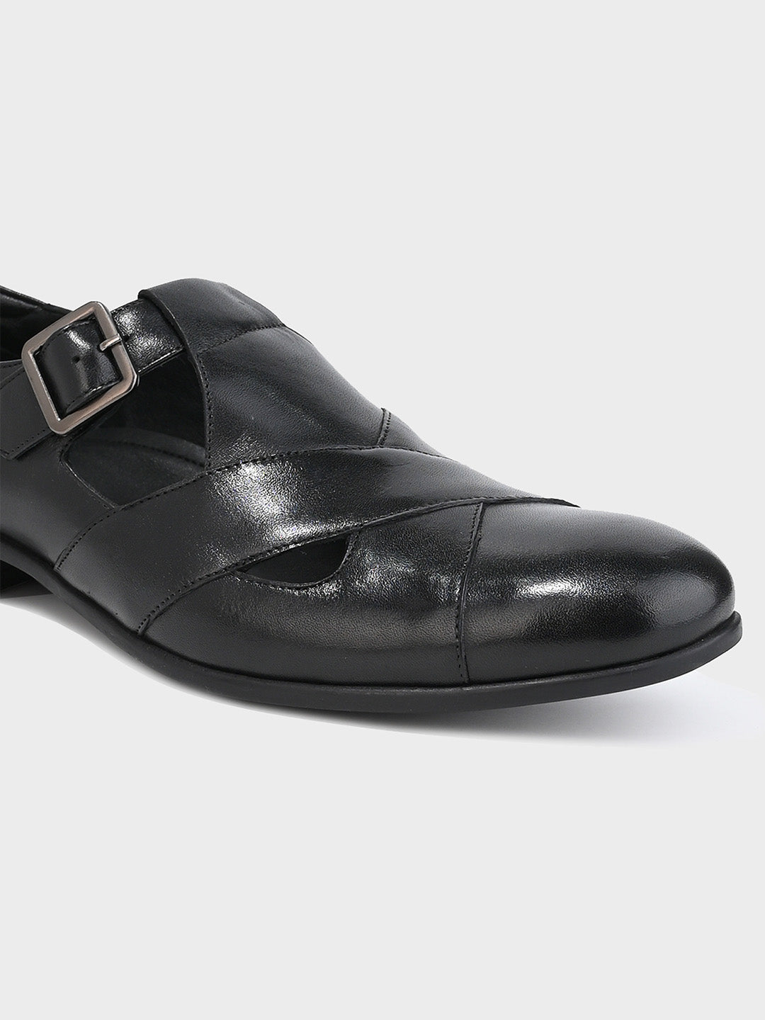 Men's Black Leather Hook & Loop Sandals