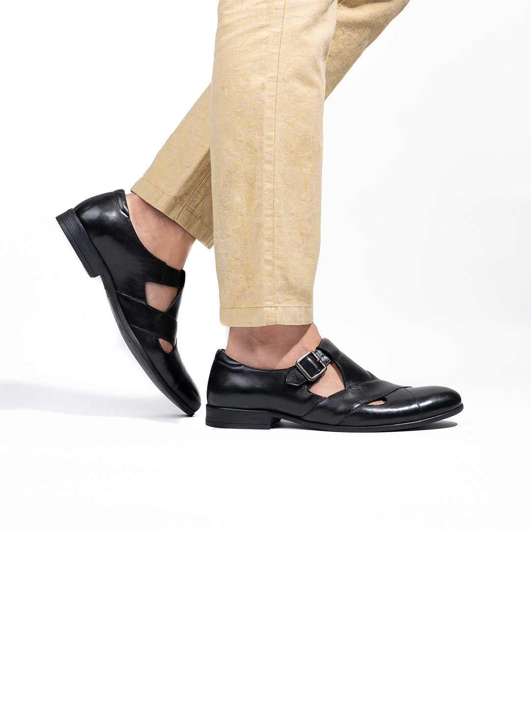 Men's Black Leather Hook & Loop Sandals